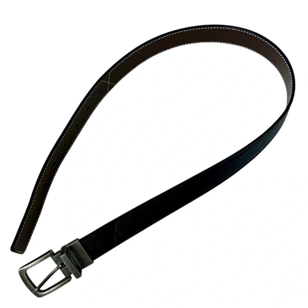 Belt Leather Reversible Black Brown Gray Brass Metal Buckle Kids Boys Unisex